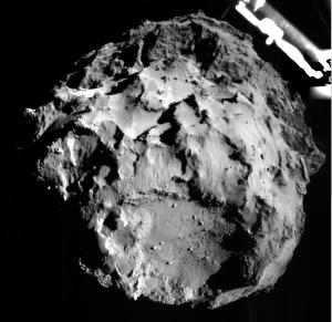 Philae se spušča proti površju kometa (Vir: (c) ESA/Rosetta/Philae/ROLIS/DLR)